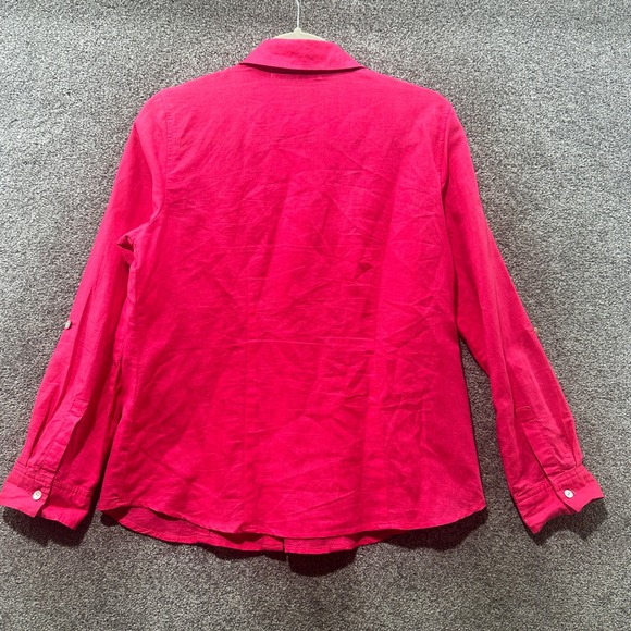 C Le Daniel Button Up Blouse Top Women XS Pink Linen Cotton Roll Tab Long Sleeve - Picture 2 of 13